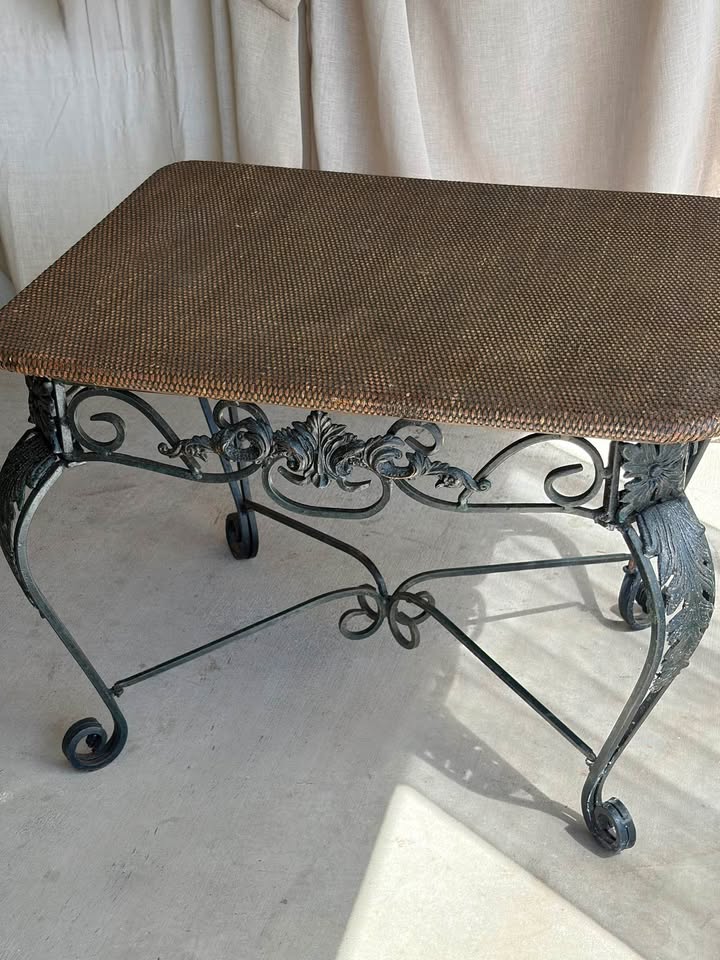 Art-Deco Wrought Iron & Rattan Cocktail Table