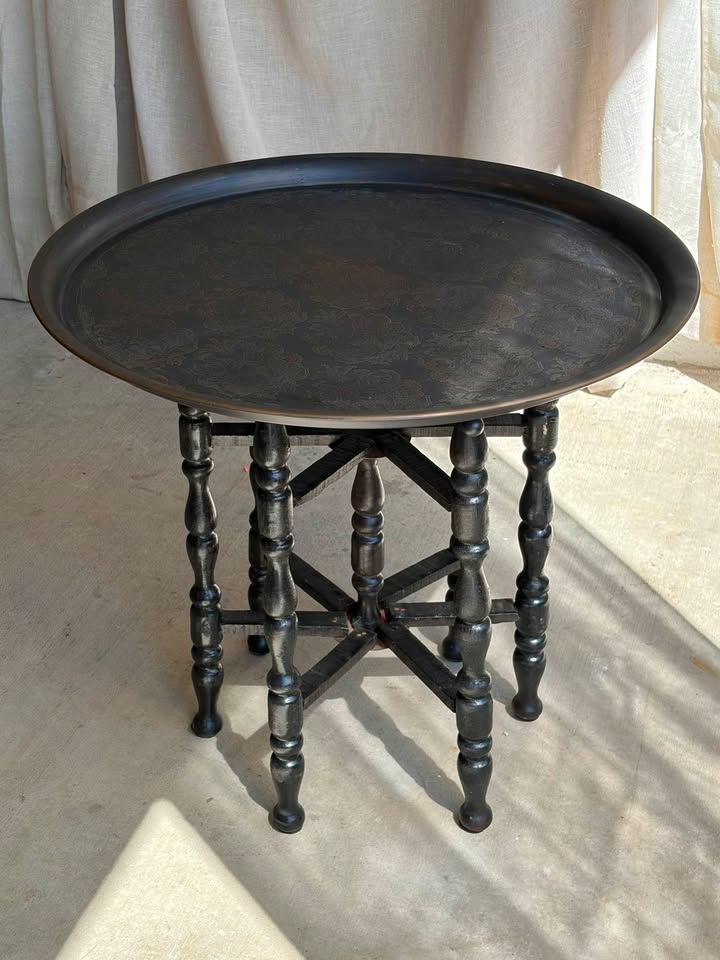 Round Moroccan Tea Table with Folding Wooden Base