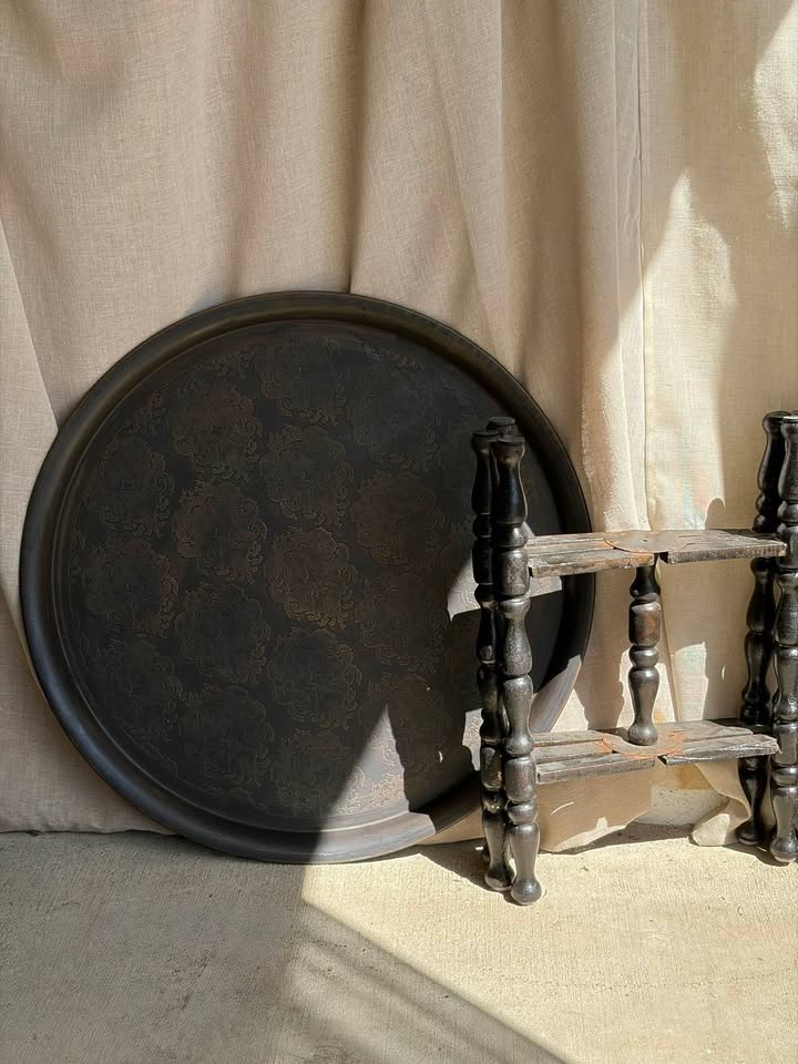 Round Moroccan Tea Table with Folding Wooden Base