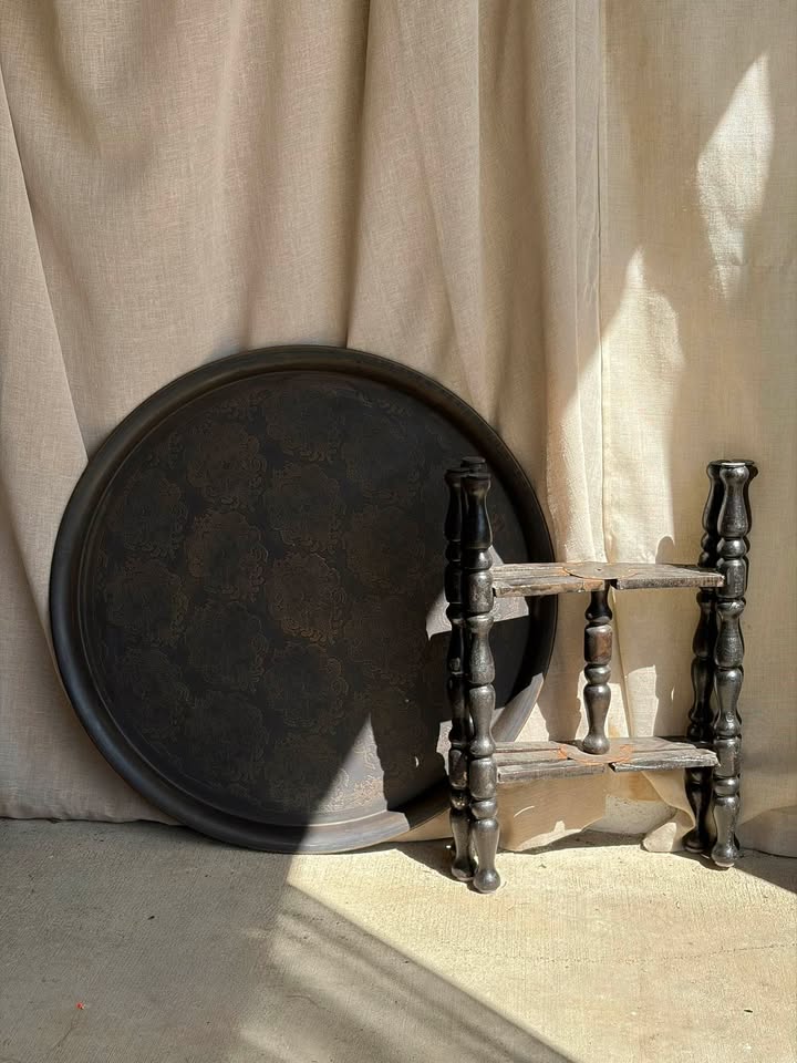 Round Moroccan Tea Table with Folding Wooden Base