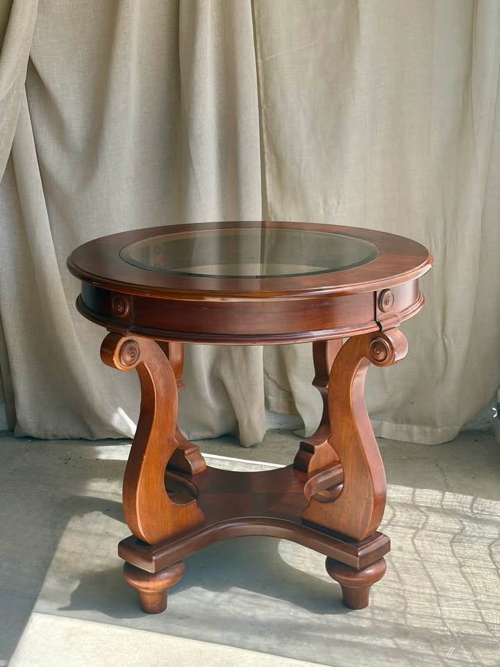 French Marquetry Round Wooden Glass-Top Side Table