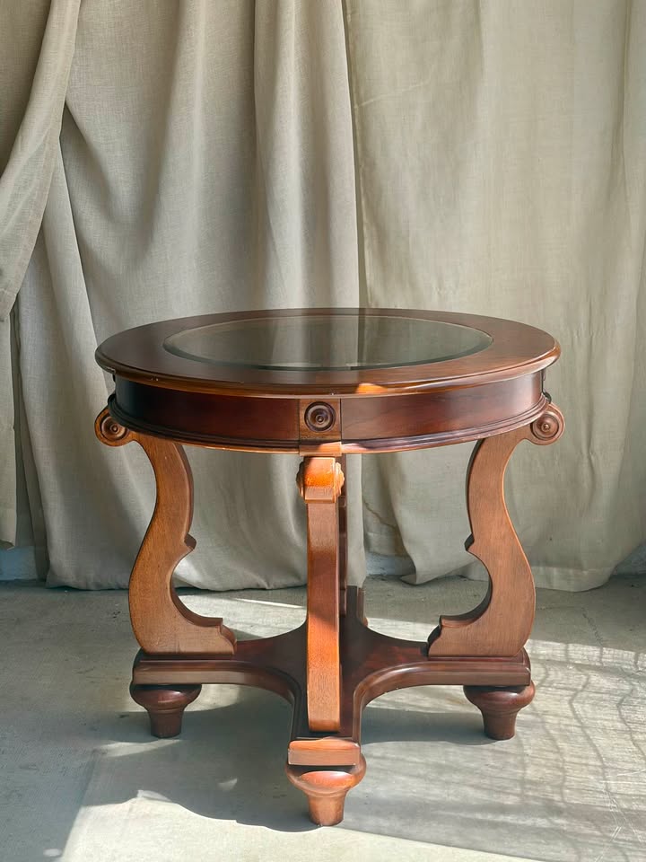 French Marquetry Round Wooden Glass-Top Side Table