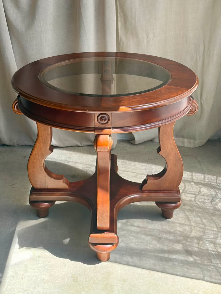 French Marquetry Round Wooden Glass-Top Side Table