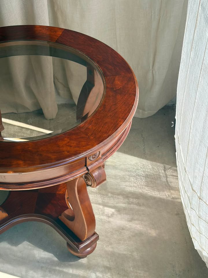 French Marquetry Round Wooden Glass-Top Side Table