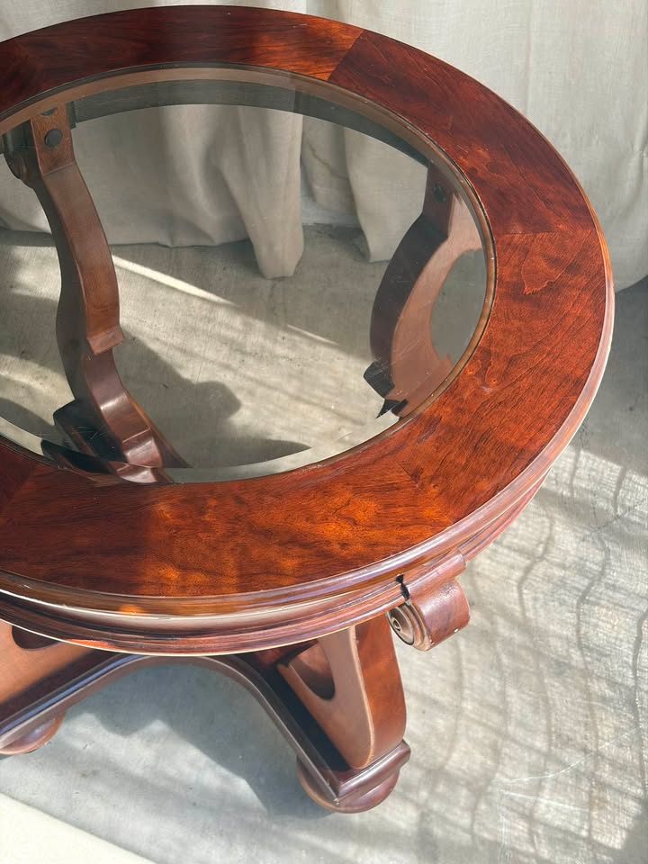 French Marquetry Round Wooden Glass-Top Side Table