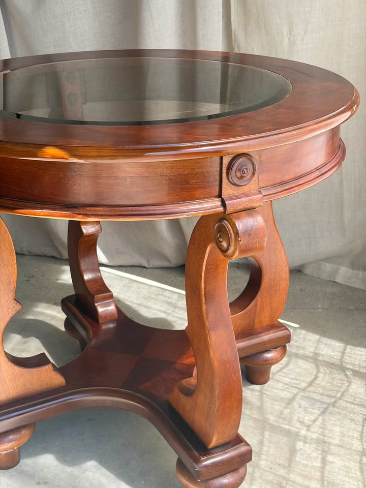 French Marquetry Round Wooden Glass-Top Side Table