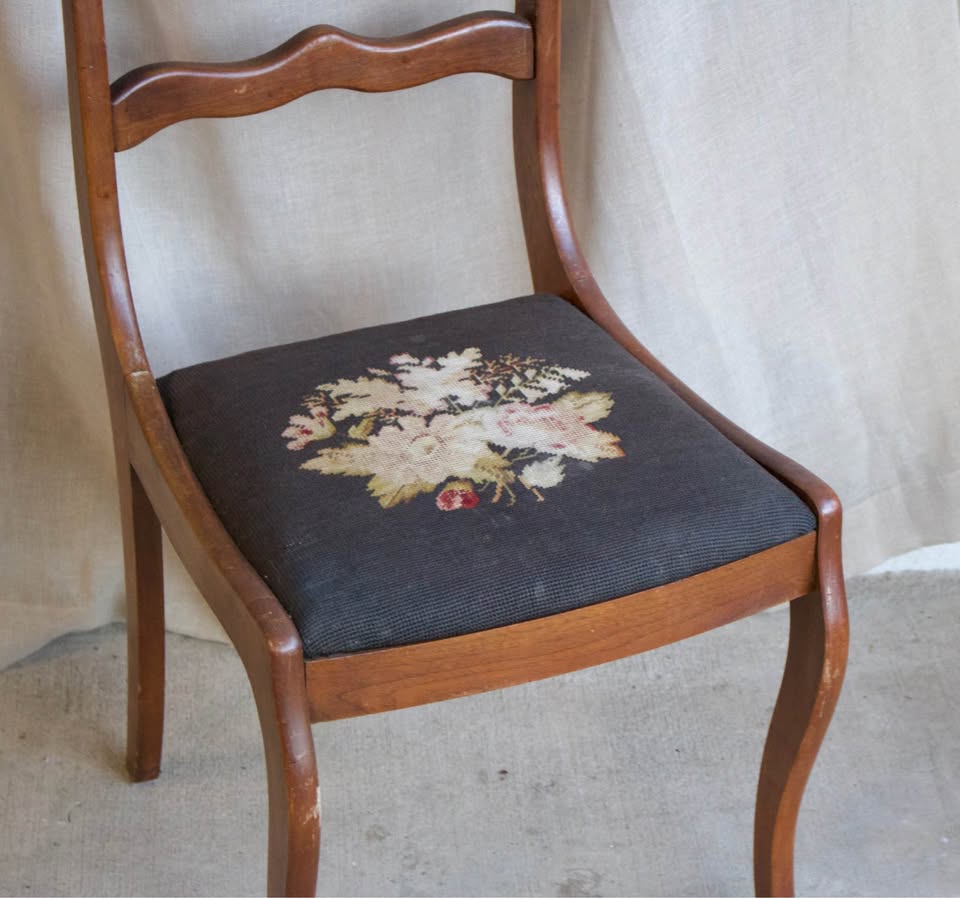 Antique Carved Wood Side Chair with Needlepoint Seat