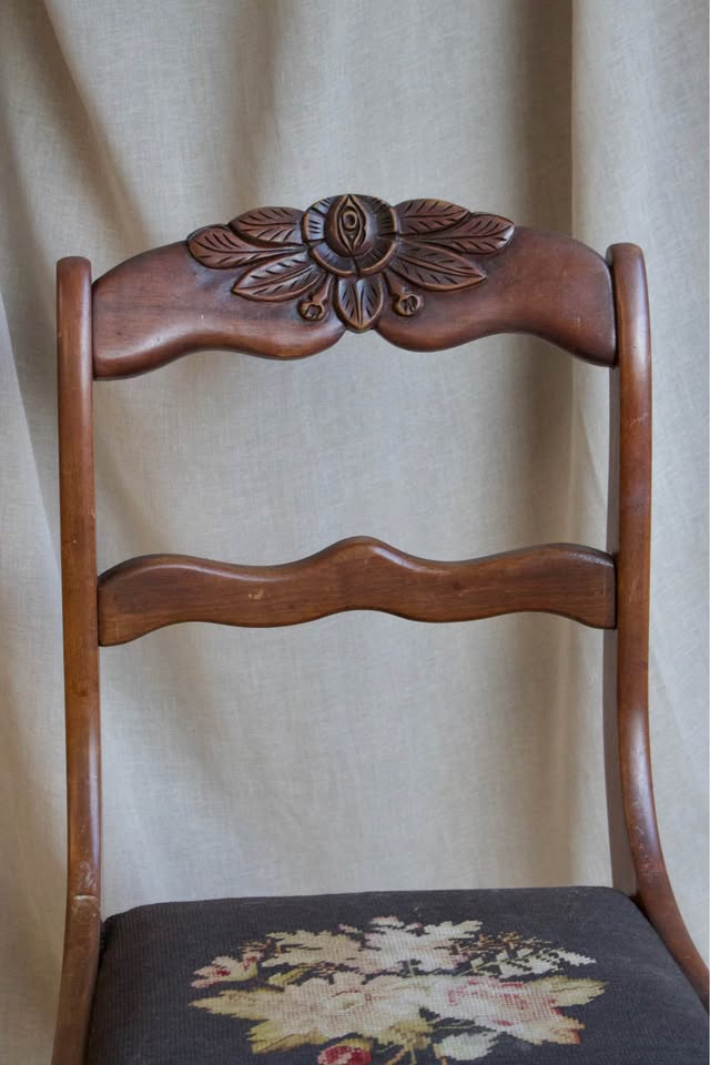 Antique Carved Wood Side Chair with Needlepoint Seat