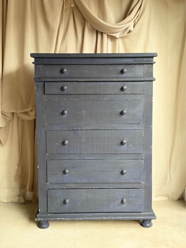 Hand-painted Distressed Faded Indigo Wooden Chest of Drawers
