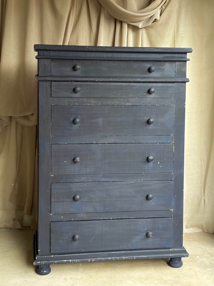 Hand-painted Distressed Faded Indigo Wooden Chest of Drawers