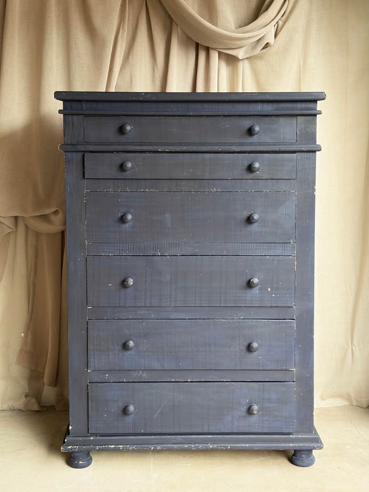 Hand-painted Distressed Faded Indigo Wooden Chest of Drawers