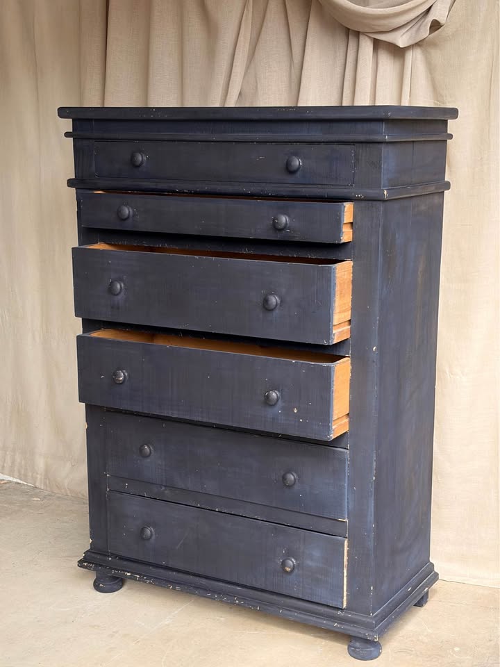 Hand-painted Distressed Faded Indigo Wooden Chest of Drawers