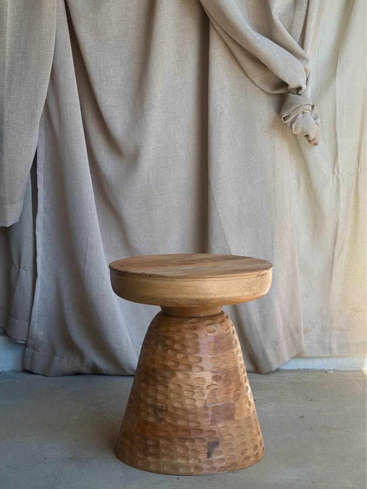 Hand-Carved Wooden Pedestal Stool