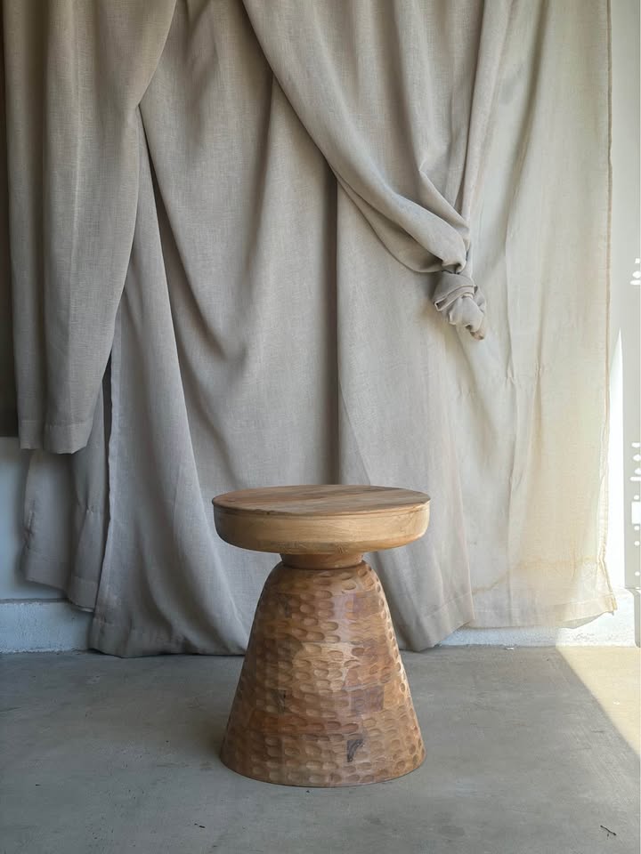 Hand-Carved Wooden Pedestal Stool