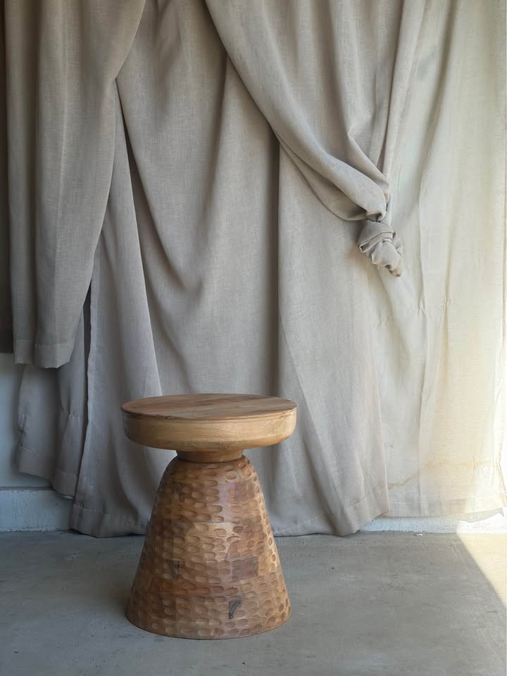 Hand-Carved Wooden Pedestal Stool