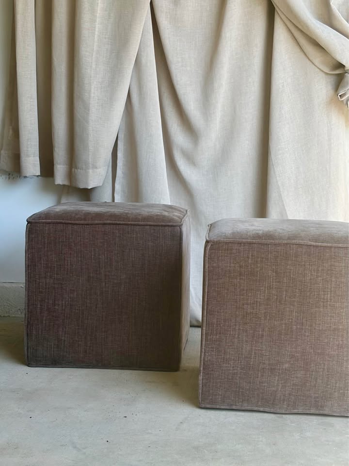 Pair of Brown Velvet Cube Ottomans