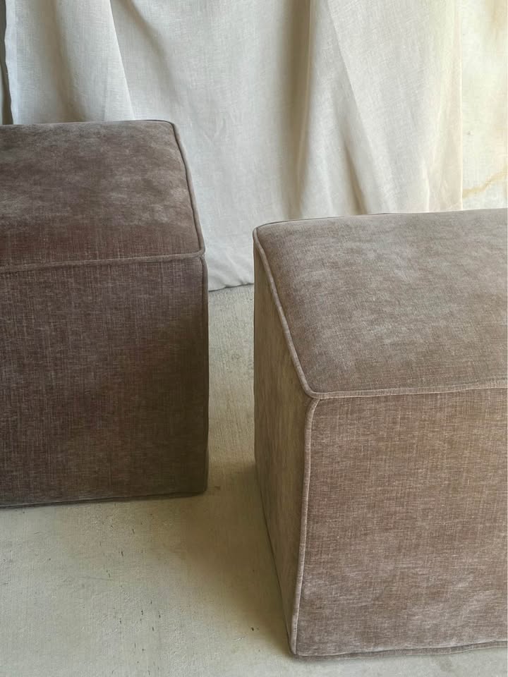 Pair of Brown Velvet Cube Ottomans