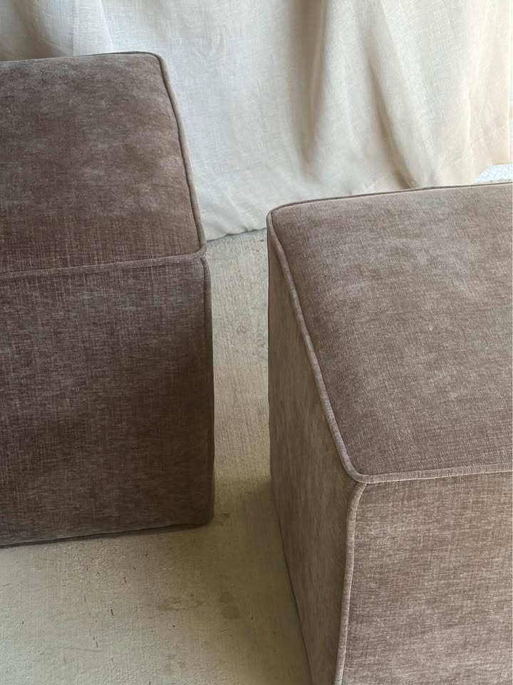 Pair of Brown Velvet Cube Ottomans