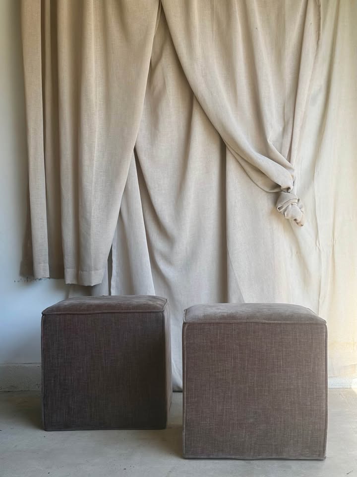 Pair of Brown Velvet Cube Ottomans