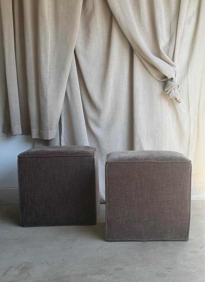 Pair of Brown Velvet Cube Ottomans