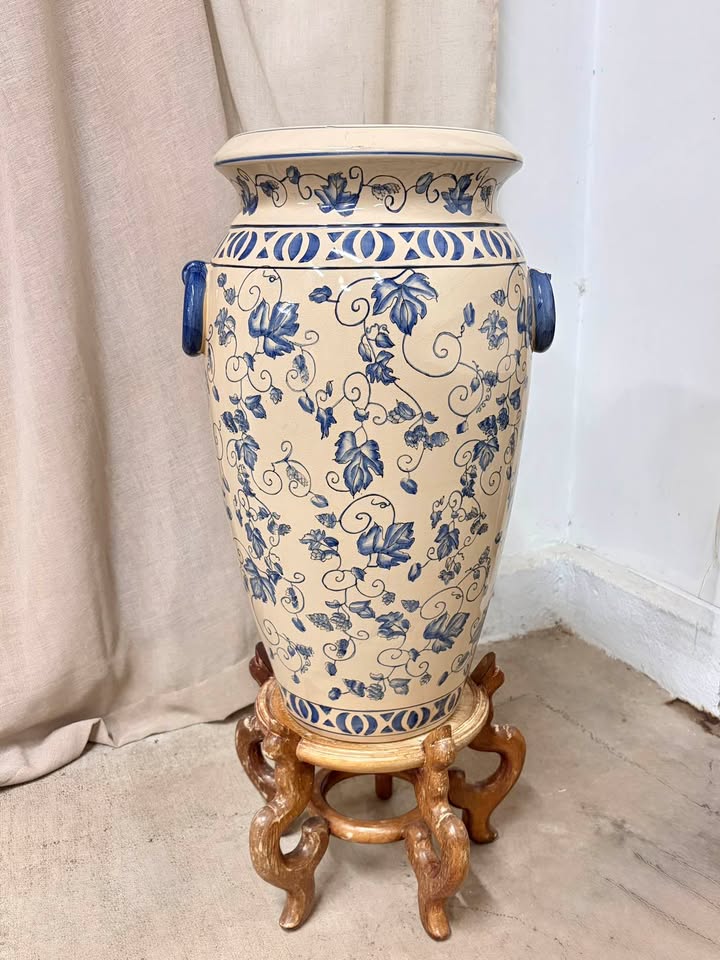 Large Blue Porcelain Vase & Wooden Stand