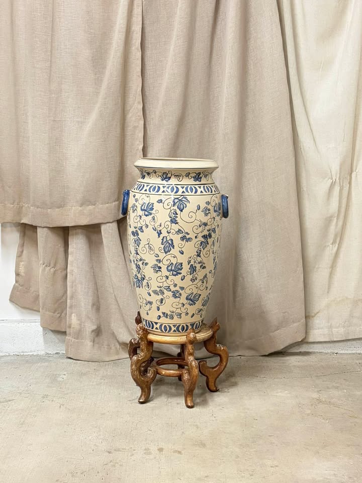 Large Blue Porcelain Vase & Wooden Stand